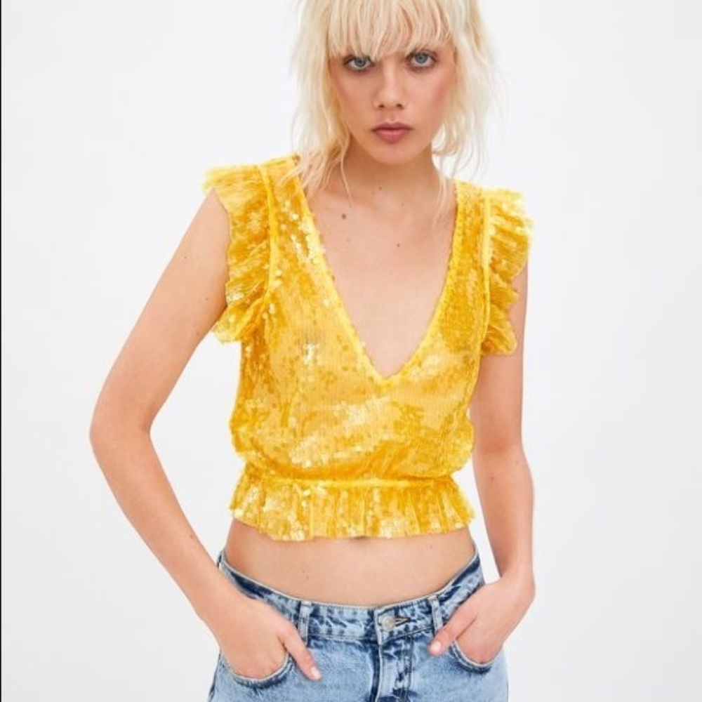 Zara Yellow Sequin Low V Neck Top